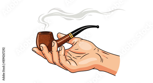 A hand holding a smoking pipe with smoke rising from it in a relaxed manner