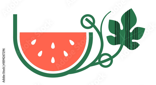 A vibrant illustration of a watermelon slice on a vine with leaves, showcasing a summery scene from a straightforward viewpoint