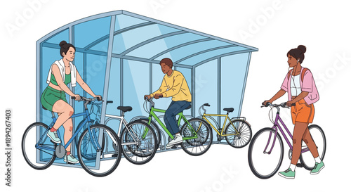 People parking bicycles inside a sheltered bike rack enclosure viewed from the side