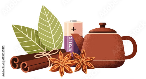 Aromatic spices and tea setup on a clean white surface, captured from a top-down viewpoint, featuring cinnamon, tea, leaves, anise, and a teapot