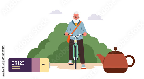 Man rides bicycle with tea kettle nearby in serene landscape view
