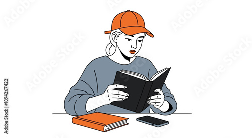 Illustration of a person reading a book with a phone nearby on a table