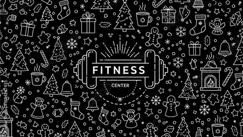 Fitness center banner with white icons on black background, celebrating holidays and wellness