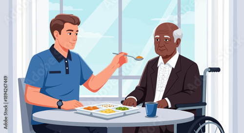 Caregiver feeding an elderly man in a wheelchair at a dining table indoors near a window