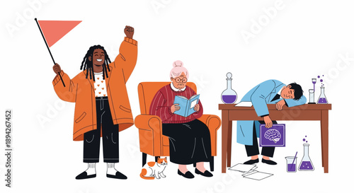 Students celebrating success in a science laboratory setting with experiments and equipment nearby