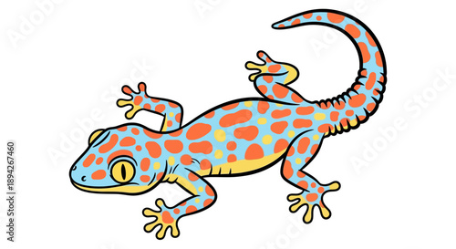 A vibrant cartoon lizard with colorful spots is illustrated in a dynamic pose on a clean background from a side viewpoint