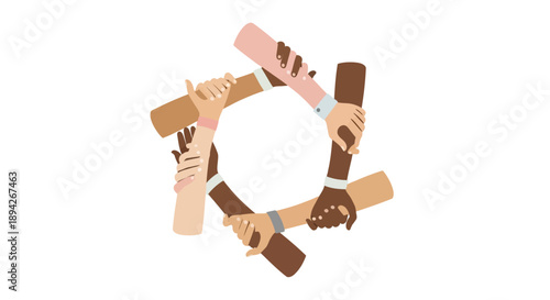 Diverse hands holding ice cream cones together in a circular formation, celebrating unity and diversity