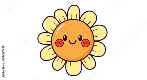 A smiling cartoon sunflower with a happy face and yellow petals in a simple illustration style