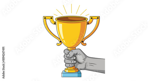 Hand holding a golden trophy cup with radiant light emanating from it, symbolizing achievement and success