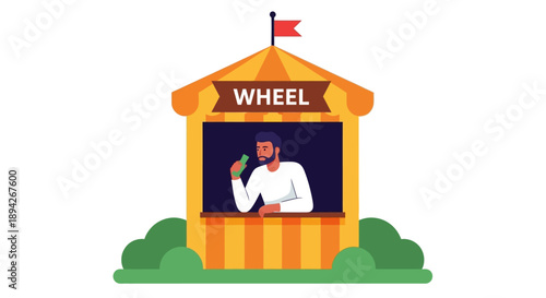 A man operating a wheel game stall at a vibrant fairground from an elevated viewpoint