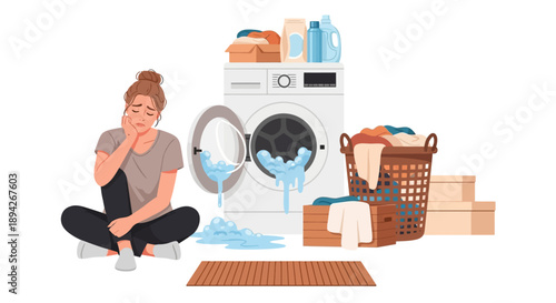 Woman surrounded by laundry, sitting on floor with washing machine and dryer in the background, illustration