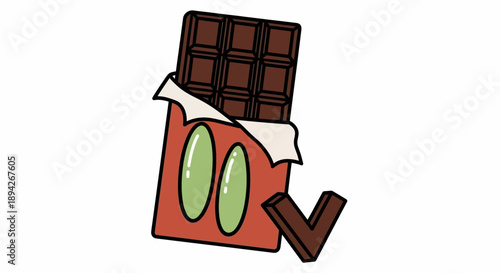 Chocolate bar unwrapped and revealed with visible pieces on a plain surface from a straightforward viewpoint