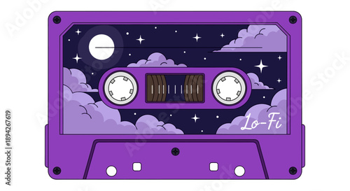 A purple cassette tape with a night sky design on its surface featuring clouds and stars, viewed from the front