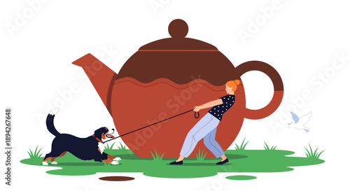 Man pulling a giant teapot with a dog running alongside on a grassy field