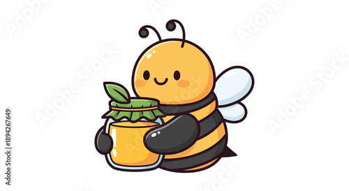 A cartoon bee happily holding a honey pot with leaves, illustration of a friendly insect with a big smile