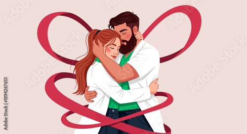 Couple embracing with flowing ribbon, surrounded by tender affection and love
