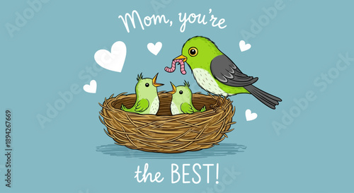 Mother bird feeding her chicks in a nest with love and care