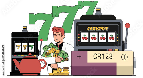 Man celebrating jackpot win surrounded by slot machines and money in a vibrant casino environment from a straightforward viewpoint