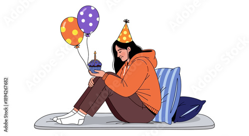 A young person sitting on a mat with party hat, holding balloons and gift