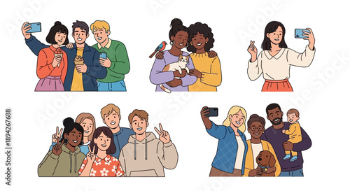Diverse group of people taking selfies together, capturing joyful moments from various viewpoints