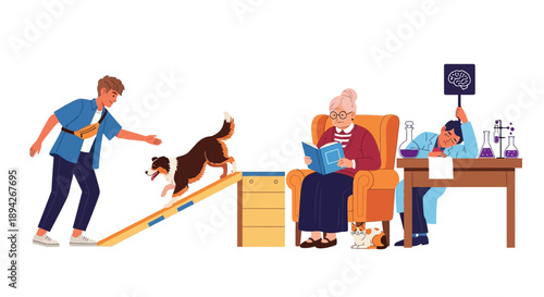 Man trains dog on ramp while elderly couple relaxes at home, enjoying leisure time together indoors