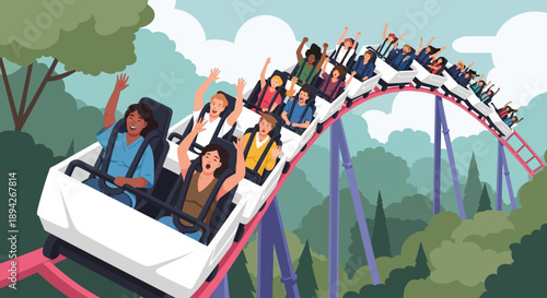 Thrilling roller coaster ride with excited people in a scenic landscape viewed from the side