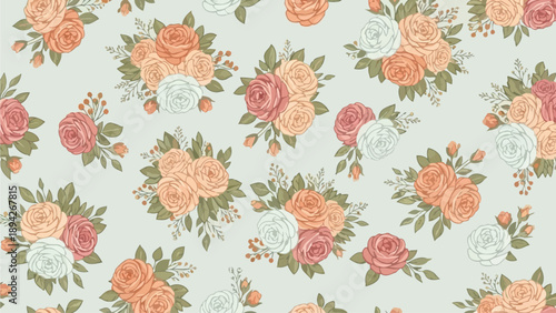 Seamless floral pattern featuring roses, leaves, and stems in various hues and green foliage
