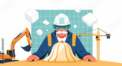 Construction worker planning project with excavator and crane on site