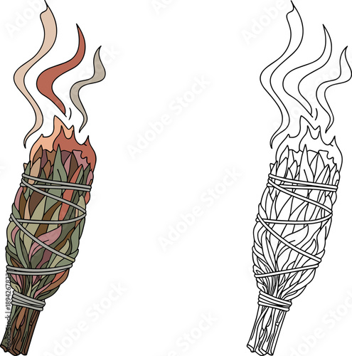 Burning Sage Smudge Stick Bundle Illustration, Spiritual Cleansing Flat Vector Art for Wellness