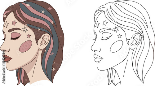 Celestial Woman Profile Vector - Flat Illustration and Line Art Star Makeup Jewelry Isolated
