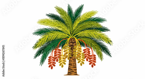 Vibrant palm tree with colorful leaves and dates, standing tall in a serene landscape, viewed from a slight angle