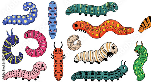 Vibrant cartoon caterpillars and larvae in various colors and patterns displayed in a grid arrangement