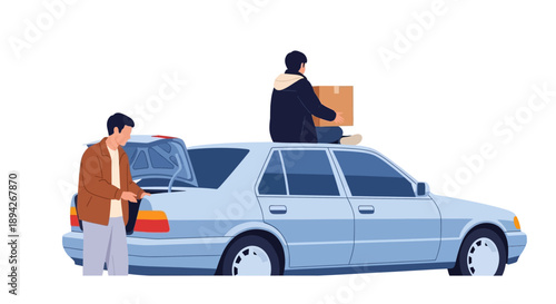Man unloading boxes from car with another man standing nearby, illustration of people working together, outdoors