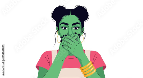 Illustration of a green woman with hands on mouth, wearing pink and gold jewelry, shocked expression, cartoon style