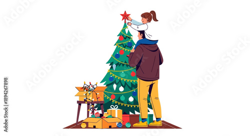Father lifting child to place star on Christmas tree surrounded by gifts