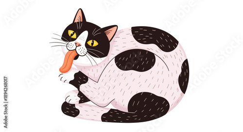 A cartoon cat with black spots curled up holding a carrot in its paw viewed from the side
