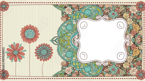 Floral illustration with decorative frame and flowers on a striped background