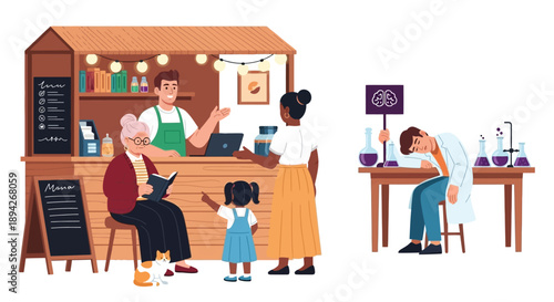 Illustration of people interacting at a coffee shop counter and a person working alone at a table