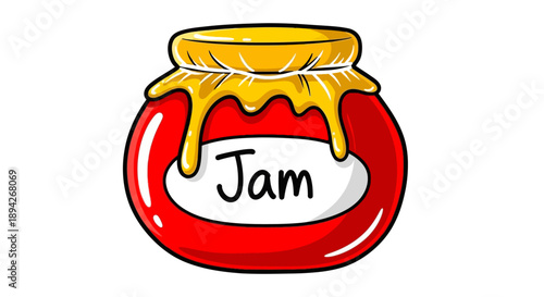 A jar of jam with a dripping honey lid on a plain surface viewed from the front