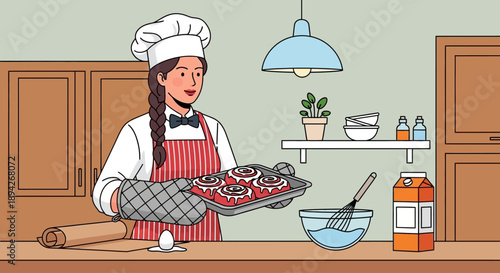 Woman wearing chef hat and apron holding a tray with a freshly baked pie in a kitchen