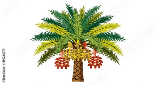 A vibrant digital illustration of a palm tree with colorful leaves and hanging coconuts in a tropical environment viewed from the front.