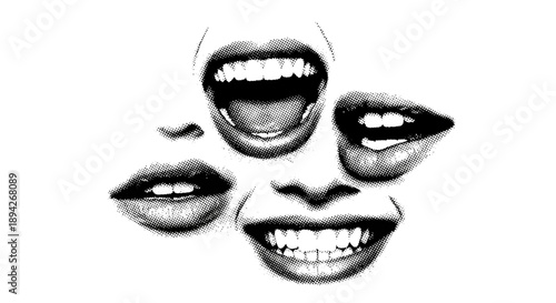 Illustration of multiple mouths with varying expressions showcasing different emotions and lip shapes in a monochrome artistic representation