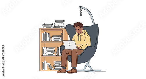 Man sitting in chair using laptop with books on shelf beside him