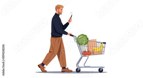 Man walking with shopping cart and smartphone in a retail environment