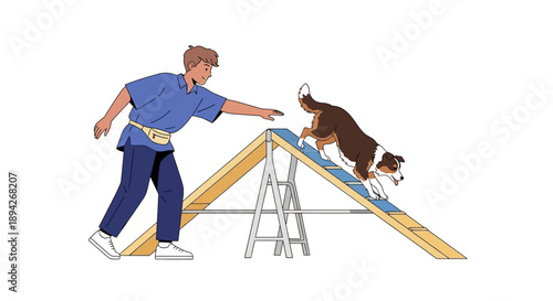 Man guiding dog up agility ramp during training session outdoors with a focused expression