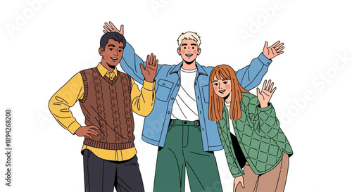 Three young adults waving and standing together in a friendly pose, illustrating camaraderie and togetherness in a simple, modern illustration style.