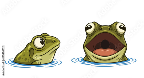 Two cartoon frogs in water, one calm and one screaming, illustration, close-up view