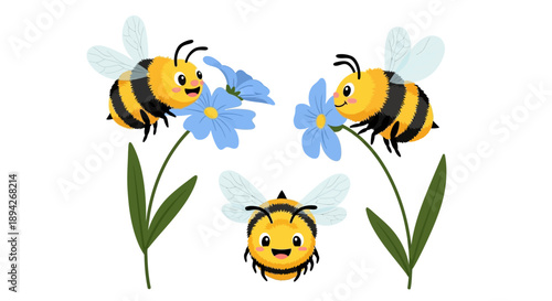 Three cartoon bees flying around blue flowers in a whimsical illustration from a top-down viewpoint