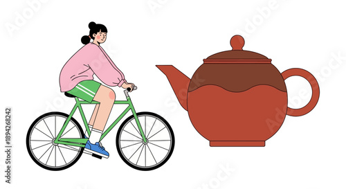 Woman cycling past a large teapot in a serene landscape view illustration