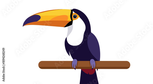 Vector illustration of a toucan perched on a branch, showcasing vibrant plumage and large beak, viewed from the side in a simple graphic style
